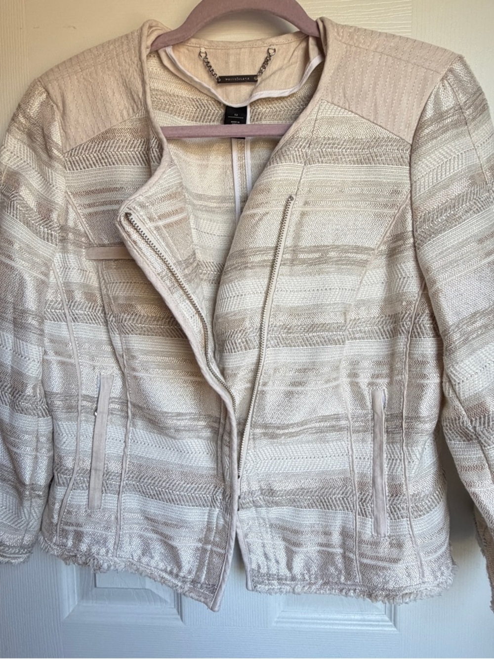 White House Black Market novelty moto jacket in beige and white